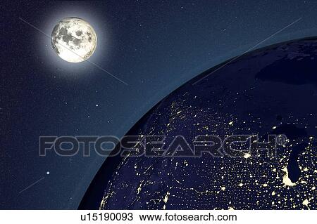 Earth and moon from space at night. Computer illustration showing the Earth as viewed from space, centred over the USA. View Large Photo Image Stock Image - Earth and moon from space at night. Computer illustration showing the Earth as viewed from space, centred over the USA.. Fotosearch