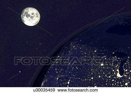 Stock Photo - Earth and moon from space at night. Computer illustration showing the Earth as viewed from space, centred over the USA.. Fotosearch