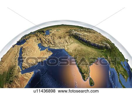 Stock Photo - Earth from space. Computer illustration showing the Earth as viewed from space, centred over India and the Arabian Sea. The Arabian peninsula (left) and Himalaya mountains (upper right) can be seen.. Fotosearch
