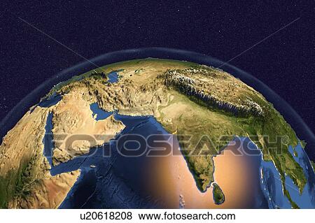 Stock Photo - Earth from space. Computer illustration showing the Earth as viewed from space, centred over India and the Arabian Sea. The Arabian peninsula (left) and Himalaya mountains (upper right) can be seen.. Fotosearch