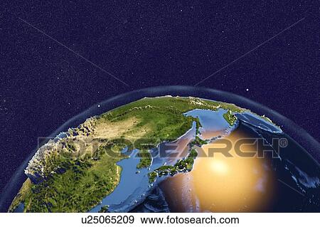 Stock Photo - Earth from space. Computer illustration showing the Earth as viewed from space, centred over Japan.. Fotosearch