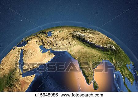 Earth from space. Computer illustration showing the Earth as viewed from space, centred over India and the Arabian Sea. The Arabian peninsula (left) and Himalaya mountains (upper right) can be seen. View Large Photo Image Stock Photograph - Earth from space. Computer illustration showing the Earth as viewed from space, centred over India and the Arabian Sea. The Arabian peninsula (left) and Himalaya mountains (upper right) can be seen.. Fotosearch