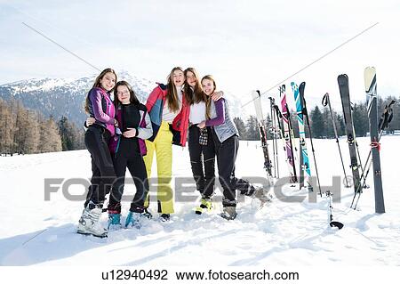 Five teenage girl skiers in snow covered landscape, portrait, Tyrol, Styria, Austria View Large Photo Image Stock Image - Five teenage girl skiers in snow covered landscape, portrait, Tyrol, Styria, Austria. Fotosearch