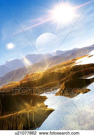 Stock Image - Futuristic moon over rocks, computer artwork.. Fotosearch