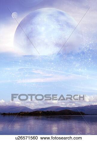 Futuristic moon over water, computer artwork. View Large Photo Image Stock Image - Futuristic moon over water, computer artwork.. Fotosearch