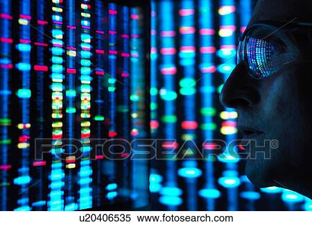 Stock Photography - Genetic Research, scientist viewing DNA information on screens. Fotosearch
