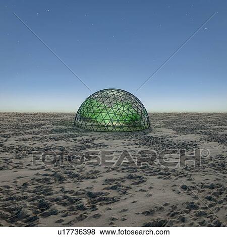 Stock Photo - Geodesic dome containing trees in barren terrain. Computer generated image.. Fotosearch
