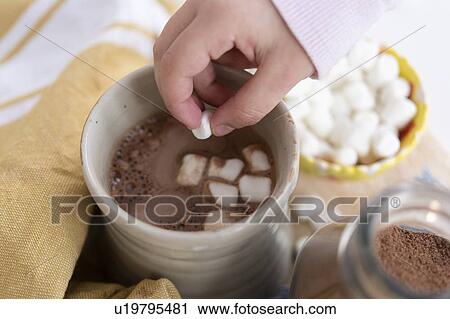 Girl's hand putting marshmallows in hot chocolate View Large Photo Image Stock Image - Girl's hand putting marshmallows in hot chocolate. Fotosearch