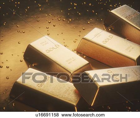 Stock Photo - Gold bars and nuggets, studio shot.. Fotosearch