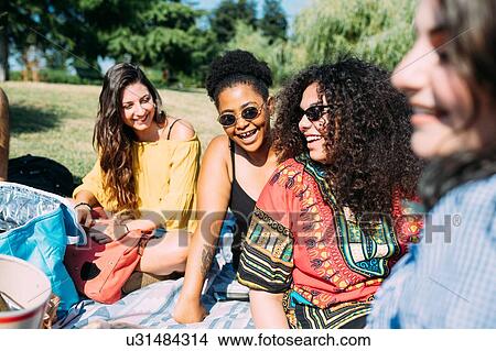 Picture - Group of friends relaxing at picnic in park. Fotosearch