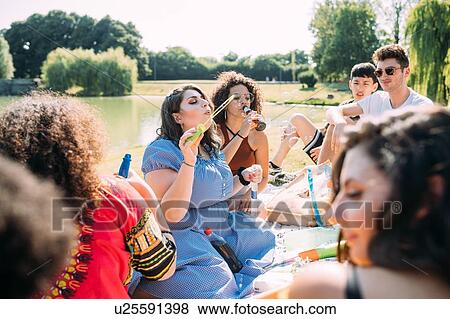 Stock Photo - Group of friends relaxing at picnic in park. Fotosearch
