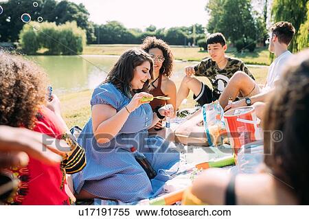 Stock Photography - Group of friends relaxing at picnic in park. Fotosearch