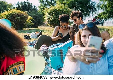 Stock Image - Group of friends relaxing, taking selfie at picnic in park. Fotosearch