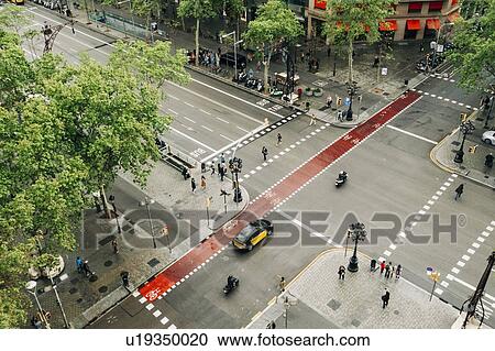 High angle view of street in Barcelona, Spain View Large Photo Image Stock Image - High angle view of street in Barcelona, Spain. Fotosearch