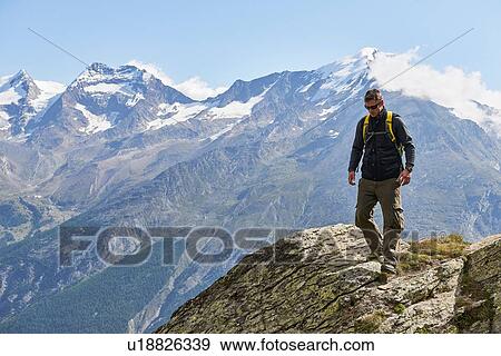 Hiker enjoying walk, Saas-Fee, Valais, Switzerland View Large Photo Image Stock Photo - Hiker enjoying walk, Saas-Fee, Valais, Switzerland. Fotosearch