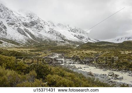 Hooker Valley in Mount Cook National Park, New Zealand View Large Photo Image Stock Image - Hooker Valley in Mount Cook National Park, New Zealand. Fotosearch