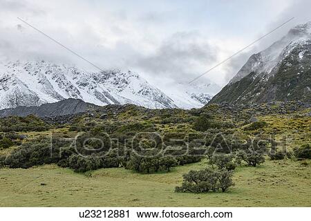 Stock Image - Hooker Valley in Mount Cook National Park, New Zealand. Fotosearch