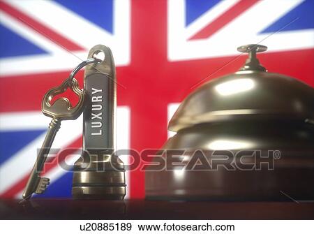 Stock Photo - Hotel key and bell with British flag, illustration.. Fotosearch