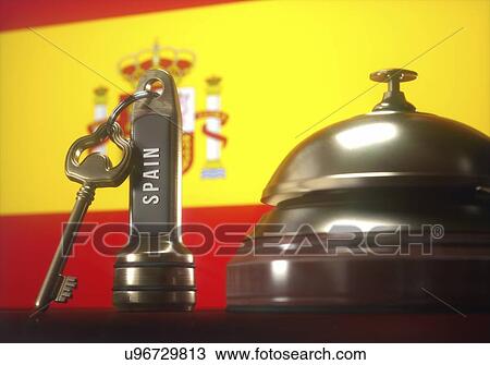Hotel key and bell with Spanish flag, illustration. View Large Photo Image Stock Image - Hotel key and bell with Spanish flag, illustration.. Fotosearch