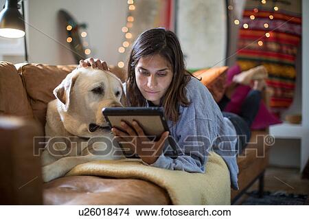 Picture - Labrador retriever and young woman lying on living room sofa looking at digital tablet. Fotosearch