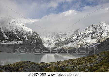 Stock Image - Lake under mountains in Hooker Valley, Mount Cook National Park, New Zealand. Fotosearch