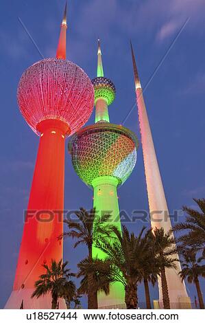 Picture - Lit Kuwait Towers in Kuwait City, Kuwait. Fotosearch