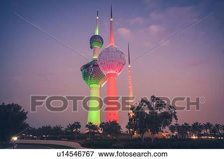 Stock Photo - Lit Kuwait Towers in Kuwait City, Kuwait. Fotosearch