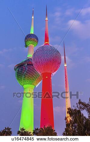 Lit Kuwait Towers in Kuwait City, Kuwait View Large Photo Image Stock Photography - Lit Kuwait Towers in Kuwait City, Kuwait. Fotosearch