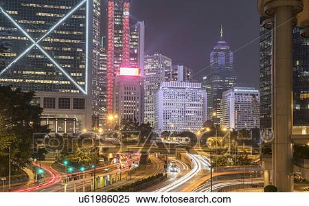 Stock Photography - Long exposure shot at night in Hong Kong, China. Fotosearch
