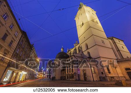 Stock Photography - Low angle view of Latin Cathedral at night in Lviv, Ukraine. Fotosearch