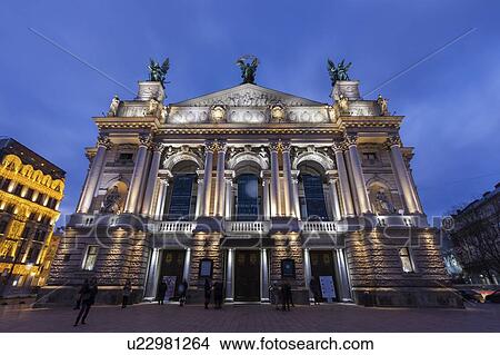 Low angle view of Lviv Theatre of Opera and Ballet at sunset in Lviv, Ukraine View Large Photo Image Picture - Low angle view of Lviv Theatre of Opera and Ballet at sunset in Lviv, Ukraine. Fotosearch