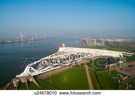 Stock Image - Maeslantkering, a storm surge barrier part of Deltwerken, a series of dams and barriers that protect the Netherlands from the sea, Maasdijk-Heenweg, Zuid-Holland. Fotosearch