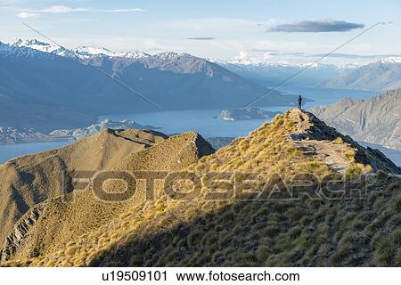 Man standing on mountain peak by Lake Wanaka, New Zealand View Large Photo Image Stock Image - Man standing on mountain peak by Lake Wanaka, New Zealand. Fotosearch