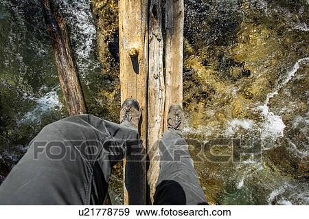 Stock Photo - Man walking on fallen tree over river. Fotosearch