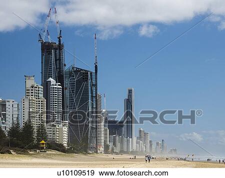 Stock Photo - Modern skyline by beach in Surfer's Paradise, Australia. Fotosearch