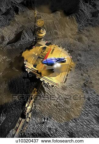 Moon base with spaceship landing, illustration. View Large Photo Image Stock Photo - Moon base with spaceship landing, illustration.. Fotosearch