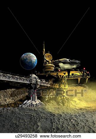Moon base with spaceship landing, illustration. View Large Photo Image Stock Photo - Moon base with spaceship landing, illustration.. Fotosearch