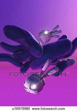 Stock Image - Nanobots attacking bacteria, illustration.. Fotosearch