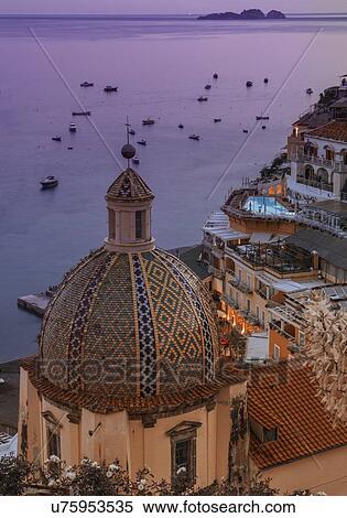 Patterned church dome at sunset in Positano on Amalfi Coast, Italy View Large Photo Image Stock Photography - Patterned church dome at sunset in Positano on Amalfi Coast, Italy. Fotosearch