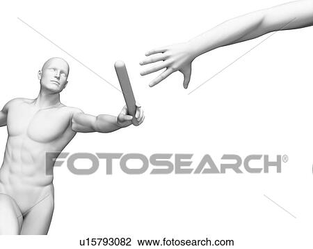 Stock Image - Person passing a relay baton, computer artwork.. Fotosearch