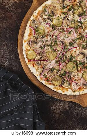 Pizza with pickles and red onion View Large Photo Image Stock Photo - Pizza with pickles and red onion. Fotosearch