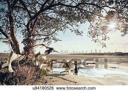 Stock Photograph - Plastic pollution on seashore, Costa del Este, Ciudad de Panam, Panama. Fotosearch