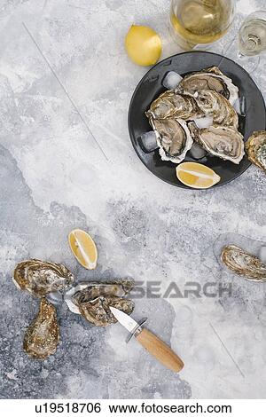 Plate of oysters with lemon View Large Photo Image Stock Photograph - Plate of oysters with lemon. Fotosearch