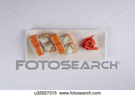 Plate of salmon sushi with pickled ginger View Large Photo Image Stock Photography - Plate of salmon sushi with pickled ginger. Fotosearch