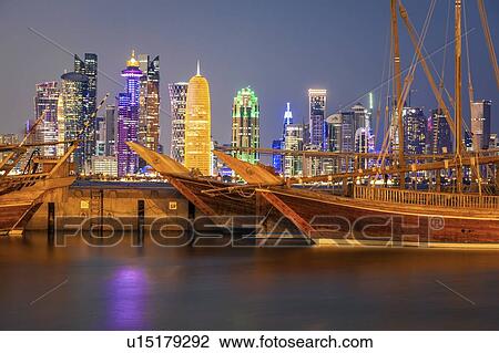Stock Image - Port by skyline of Doha, Qatar. Fotosearch