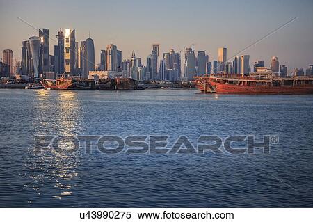 Stock Photography - Port by skyline of Doha, Qatar. Fotosearch