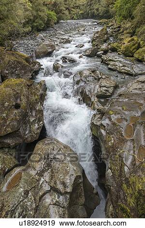 Stock Photo - River over rocks in Milford Sound, New Zealand. Fotosearch