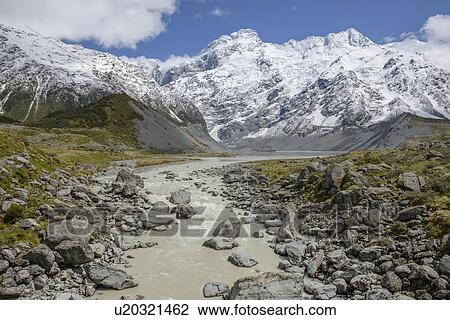 Stock Image - River through Hooker Valley in Mount Cook National Park, New Zealand. Fotosearch