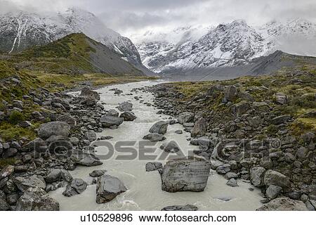 Stock Photograph - River through Hooker Valley in Mount Cook National Park, New Zealand. Fotosearch