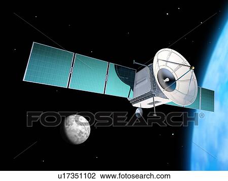 Stock Image - Satellite orbiting Earth, illustration.. Fotosearch